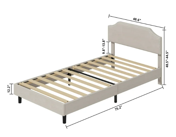 LIKIMIO Twin Platform Bed Frame with Adjustable Upholstered Headboard, No Box Spring Needed, Beige