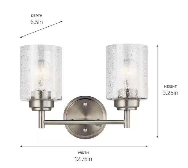 KICHLER Winslow 12.75 in. 2-Light Brushed Nickel Contemporary Bathroom Vanity Light with Clear Seeded Glass 45885NI