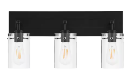 Hampthttps://www.homedepot.com/p/Hampton-Bay-Regan-21-in-3-Light-Matte-Black-Bathroom-Vanity-Light-with-Clear-Glass-Shades-DSHD19574V2/316719920on Bay Regan 21 in. 3-Light Matte Black Bathroom Vanity Light with Clear Glass Shades DSHD19574V2