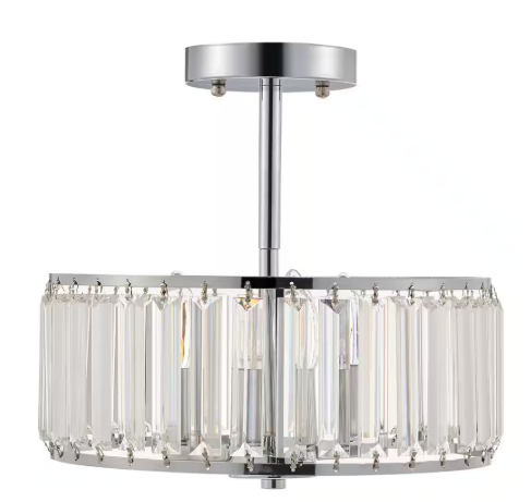 Merra 13 in. 3-Light Chrome Crystal Chandelier Semi Flush Mount with Crystal Drum HCF-1320-00-BNHD-1