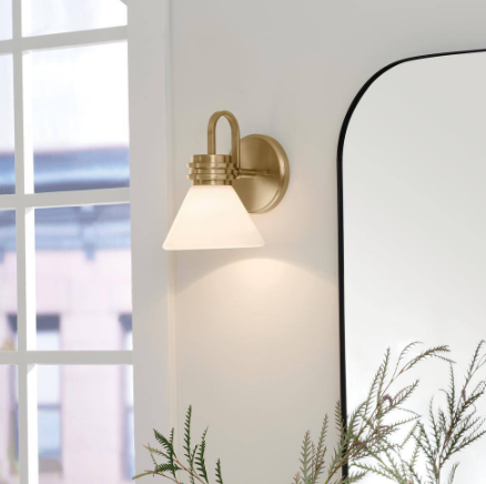 KICHLER Farum 9.5 in. 1-Light Champagne Bronze Bathroom Wall Sconce Light with Opal Glass Shade 55153CPZ
