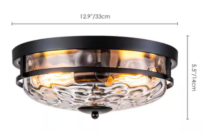 Millikin 13 in. 2-Light Black Flush Mount Industrial Farmhouse Water Stone Glass