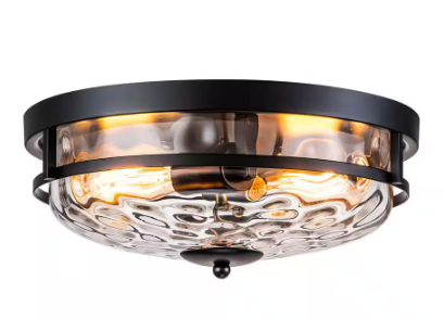 Millikin 13 in. 2-Light Black Flush Mount Industrial Farmhouse Water Stone Glass