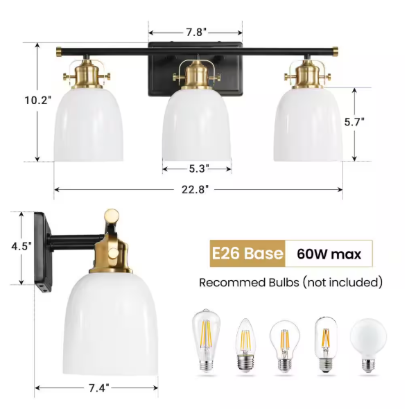 KAISITE 23 in. 3-Light Black and Gold Vanity Light 60-Watt Bathroom Light Fixture Dimmable Sconces Wall Lighting 8095ML-03BG-US