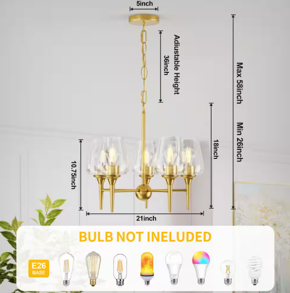 Sunpez 21 in. W, 5-Light Gold Chandelier Modern Fixture Adjustable Height Pendant Light, E26, No Bulbs Included