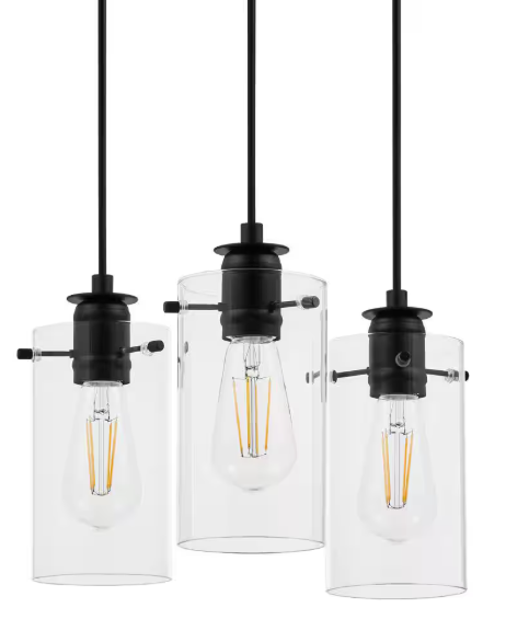 Hampton Bay Regan 3-Light Matte Black Pendant Hanging Light with Clear Glass Shades, Industrial Kitchen Pendant Lighting HD4969C3
