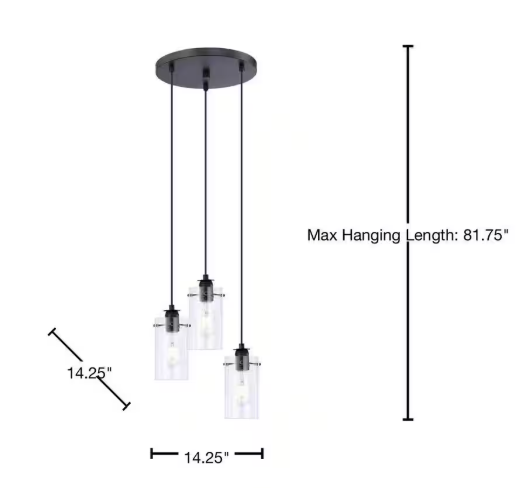 Hampton Bay Regan 3-Light Matte Black Pendant Hanging Light with Clear Glass Shades, Industrial Kitchen Pendant Lighting HD4969C3