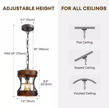 ANTOINE Black 1-Light Modern Farmhouse Kitchen Island Pendant Lighting Wood Pendant Light with Wood Shade HD-123-002