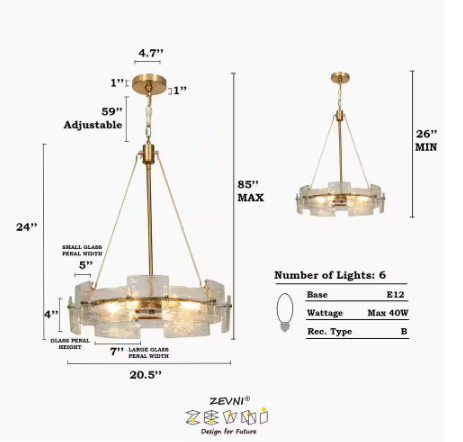 Zevni Glacera 6-Light Glass Drum Chandelier with Copper-Tone Finish, Contemporary Pendant Light for Kitchen Island or Entryway Z-782AIYZ3-4903
