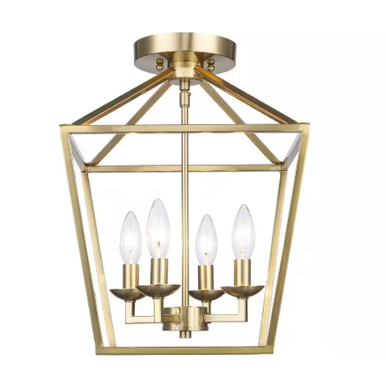 Home Decorators Collection Weyburn 16.5 in. 4-Light Gold Farmhouse Semi-Flush Mount Ceiling Light Fixture with Caged Metal Shade T-C00126007A