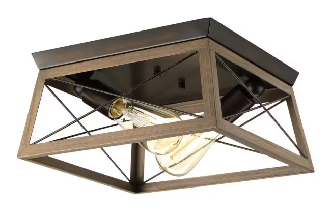 Progress Lighting Briarwood Collection 2-Light Antique Bronze Kitchen Farmhouse Ceiling Light Flush Mount with Painted Wood Oak Frame P350039-020