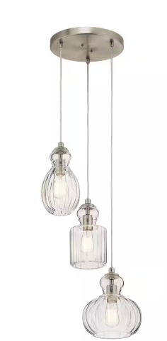 KICHLER Riviera 3-Light Brushed Nickel Transitional Shaded Kitchen Cluster Pendant Hanging Light with Clear Ribbed Glass 43952NI