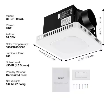 VEVOR Bathroom Exhaust Fan 80CFM Ceiling No Cut Installation High-Efficiency Bathroom Exhaust Fan with Low Noise, Energy Star DDYSPQSWS80CFKUDIV1-0801