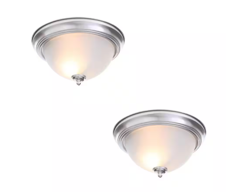 Commercial Electric 13 in. 2-Light Brushed Nickel Flush Mount with Frosted Glass Shade (2-Pack)