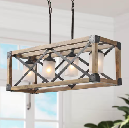 Farmhouse Dining Room Chandelier 4-Light Brown Wood Kitchen Island Pendant with White Frosted Glass Raw Iron Accents
