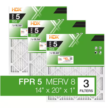 HDX 14 in. x 20 in. x 1 in. Standard Pleated Furnace Air Filter FPR 5, MERV 8 (3-Pack) HDX3P5-011420