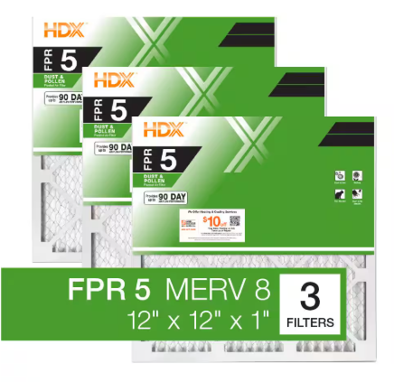 HDX 12 in. x 12 in. x 1 in. Standard Pleated Furnace Air Filter FPR 5, MERV 8 (3-Pack) HDX3P5-011212