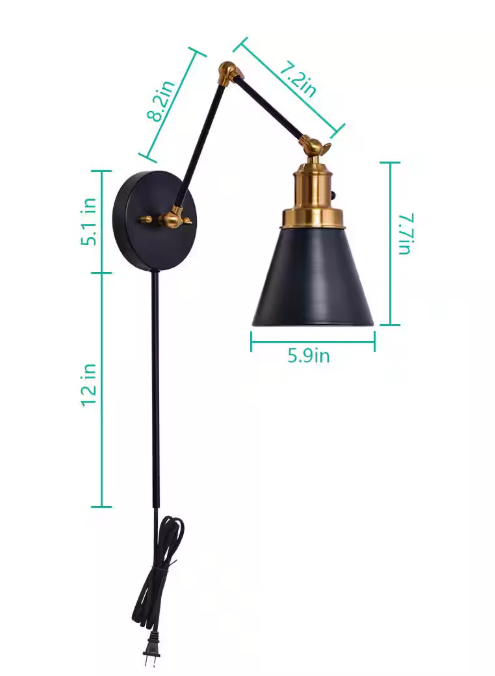 Hampton Bay- 1-Light Black and Gold Plug-In or Hardwired Swing Arm Wall Lamp Wall Lamp with 6 ft. Fabric Cord