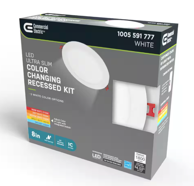 Commercial Electric- Ultra Slim Integrated LED 8 in Round Adj Color Temp Canless Recessed Light for Kitchen Bath Living rooms, White