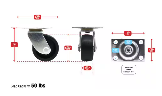 Everbilt- 1-5/8 in. Black Plastic and Steel Swivel Plate Caster with 50 lb. Load Rating (4-Pack)