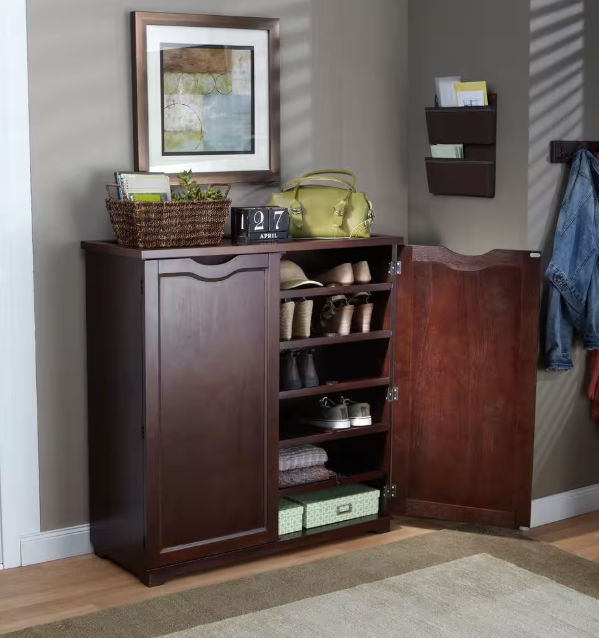 41 in. H x 40 in. W Brown Wood Shoe Storage Cabinet, For 38 Pairs with adjustable Shelves