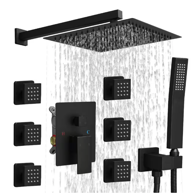 BWE Single Handle 3-Spray Wall Mount 12 in. Shower Faucet Shower Head 2.5 GPM with High Pressure 6-Jets in. Matte Black A-95020-12-B