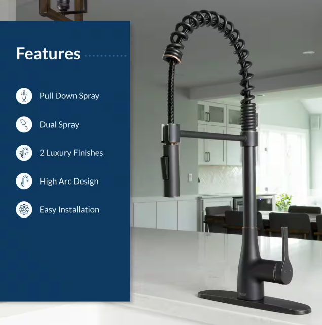 FLOW Classic Series Single-Handle Pull-Down Spring Neck Sprayer Kitchen Faucet in Oil Rubbed Bronze ClassSpring-ORB