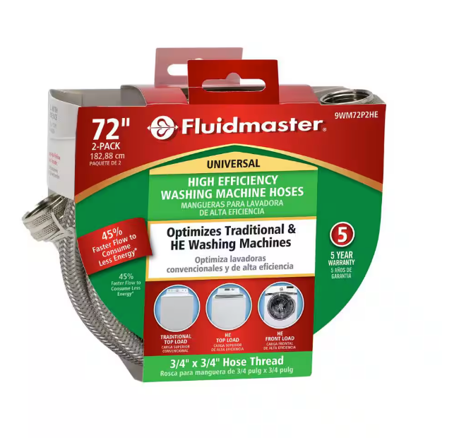 Fluidmaster Universal 3/4 in. x 6 ft. Stainless Steel High Efficiency Washing Machine Hose (2-Pack) 9WM72P2HEP4