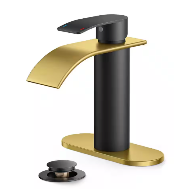 androme Waterfall Single Hole Single Handle Bathroom Vanity Faucet with Deck plate and Pop-Up Drain Included in Black Gold A3A5BG