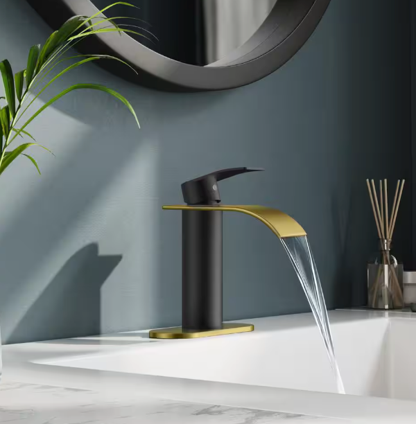 androme Waterfall Single Hole Single Handle Bathroom Vanity Faucet with Deck plate and Pop-Up Drain Included in Black Gold A3A5BG