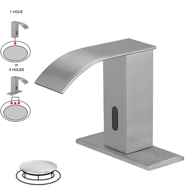 BWE Battery Powered Touchless Single Hole Bathroom Faucet Motion Sensor Deck Mount With Drain Kit In Brushed Nickel A-918139-N