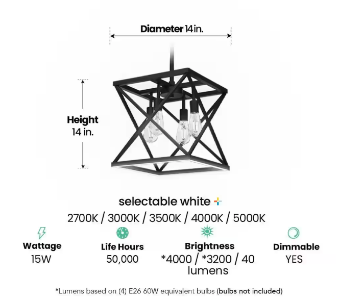 Feit Electric Katalyst 60-Watt 4-Light Matte Black Modern Adjustable CCT and 3-Light Modes Integrated LED Pendant Light PND1445CCTNLBK