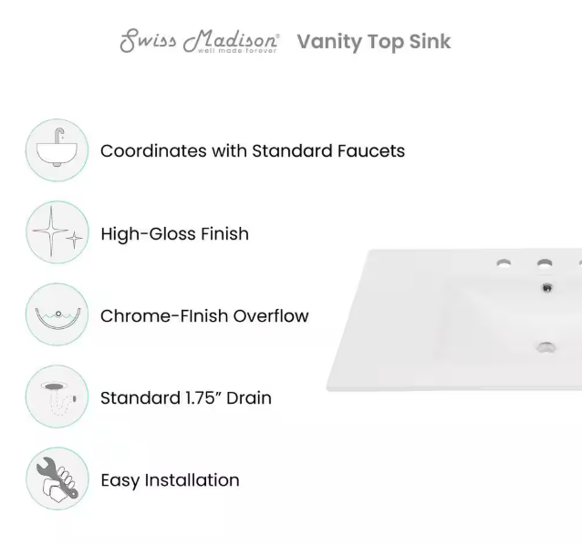 Swiss Madison 36 in. W x 5.5 in. D Ceramic Vanity Top in Glossy White 3-Holes SM-VT336-3