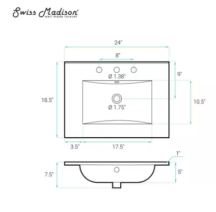 Swiss Madison 24 in. 3-Hole-White Ceramic Vanity Top with 8 in. Widespread Faucet Holes SM-VT0001GW-3 78.75