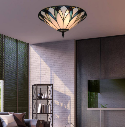 OUKANING 18 in. 3-Light Retro Elegant Stained Glass Flush Mount Ceiling Light KBUCNW8PN1-1