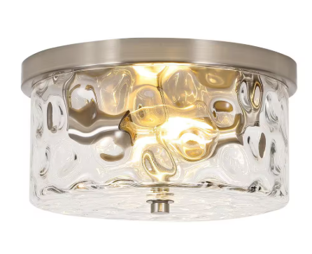 LamQee 12 in. 2-Light Brushed Nickel Flush Mount Ceiling Light with Water Rippled Glass Shade 06FTL0234ANK