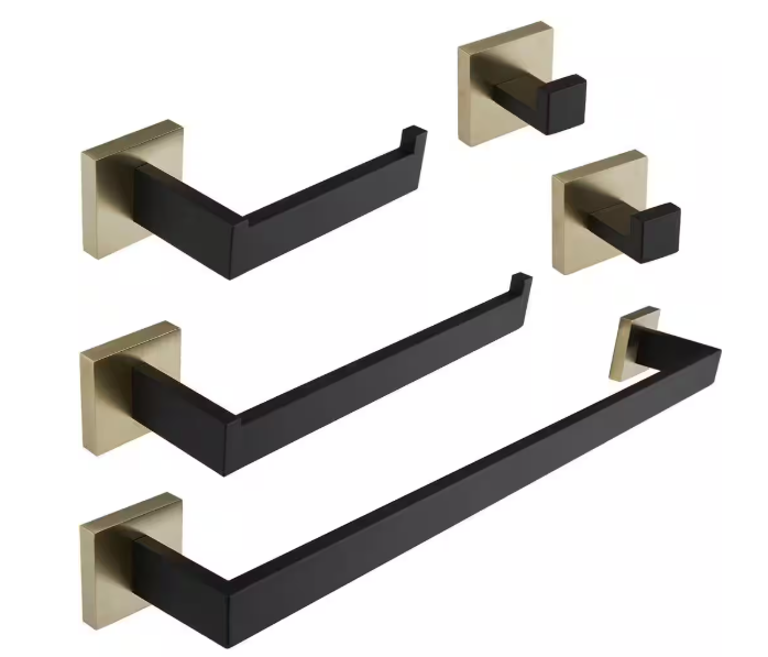 BWE 5-Piece Bath Hardware Set with Double Hooks Towel Ring Toilet Paper Holder and 24 in. Towel Bar in Black Gold A-91012-S-GB-1
