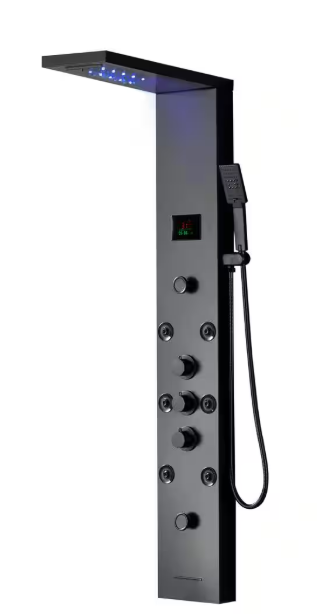 BWE 8-Jet Rainfall Shower Panel System with Rainfall Waterfall Shower Head, Shower Wand and LED Light in Matte Black YTP20-Black