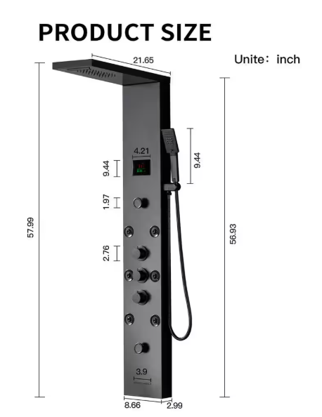 BWE 8-Jet Rainfall Shower Panel System with Rainfall Waterfall Shower Head, Shower Wand and LED Light in Matte Black YTP20-Black