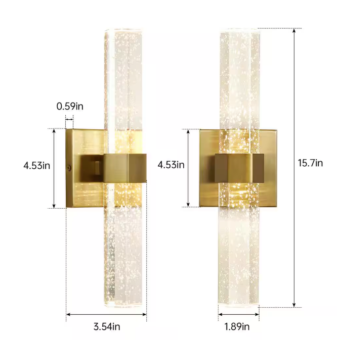 KAISITE 15.7 in. 1-Light Brushed Gold Dimmable Sconce Wall Lighting with Crystal Bubble Glass Shade (Set of 2) 8010WL-10GD-2P
