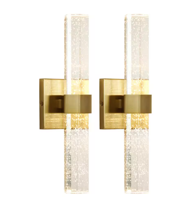 KAISITE 15.7 in. 1-Light Brushed Gold Dimmable Sconce Wall Lighting with Crystal Bubble Glass Shade (Set of 2) 8010WL-10GD-2P