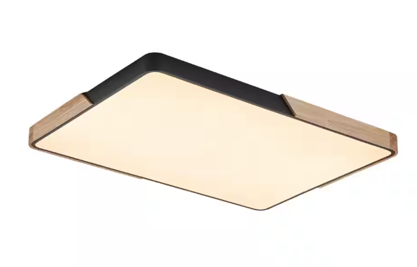 HUOKU Lumin 34.7 in. 1-Light Wood and Black Finish Smart LED CCT Flush Mount with Remote Control and Oak Rectangle Shaded PD1065101