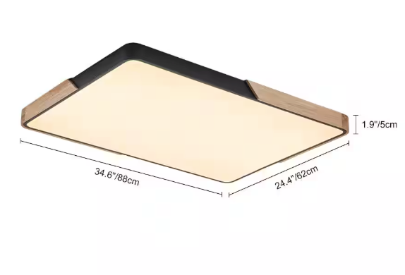 HUOKU Lumin 34.7 in. 1-Light Wood and Black Finish Smart LED CCT Flush Mount with Remote Control and Oak Rectangle Shaded PD1065101