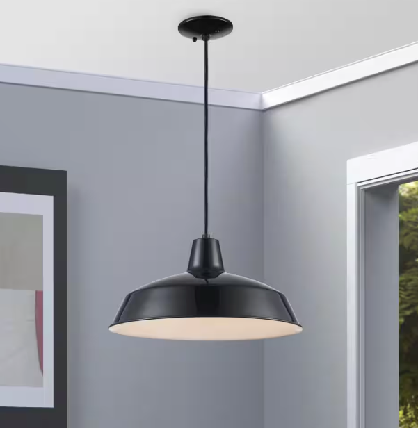 Bel Air Lighting Sherman 1-Light Black Pendant Light Fixture with Metal Shade 1100 BK