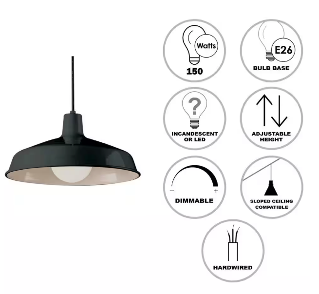 Bel Air Lighting Sherman 1-Light Black Pendant Light Fixture with Metal Shade 1100 BK