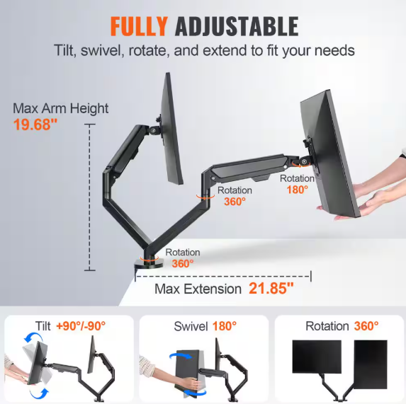 VEVOR Monitor Mount Dual Adjustable for 13-35 in. Screen Computer Monitor Arm Desk Mount Holds 26.4 lbs. XSQBJSMBQDHBD7TTSV0