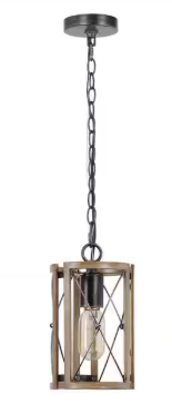 LNC Gina 1-Light Modern Farmhouse Pendant Industrial Gray Drum Cage Island Bar Mini Pendant with Faux Wood Accents YQFBZQHD1409227