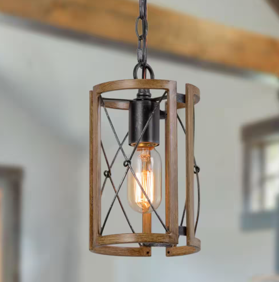 LNC Gina 1-Light Modern Farmhouse Pendant Industrial Gray Drum Cage Island Bar Mini Pendant with Faux Wood Accents YQFBZQHD1409227