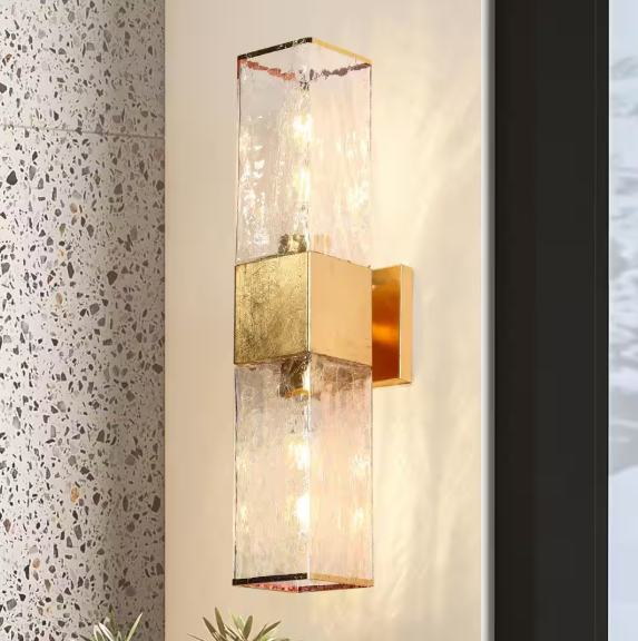 Uolfin Mid-Century Modern Bathroom Vanity Light 2-Light Antique Gold Wall Light with Cracked-Feeling Glass Shades 628W9NEIEAZ4601