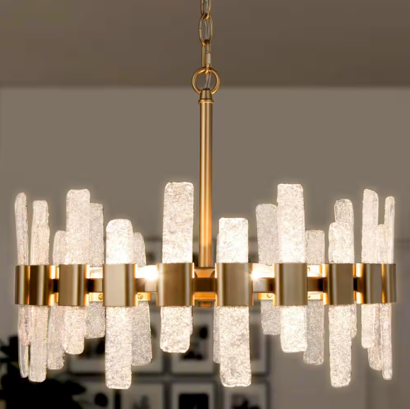 Uolfin Mid-Century Modern Gold Kitchen Island Chandelier, 6-Light Glam Dining Room Ceiling Light with Icing Glass Strips B73IZNHD23795MQ